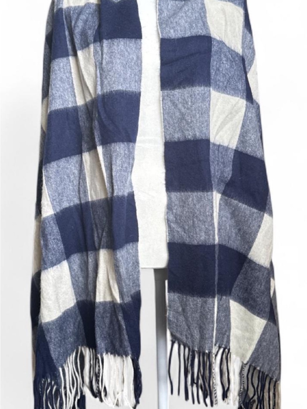 J. Crew Navy & Cream Checked Fringe Wrap Around Scarf with Arm holes